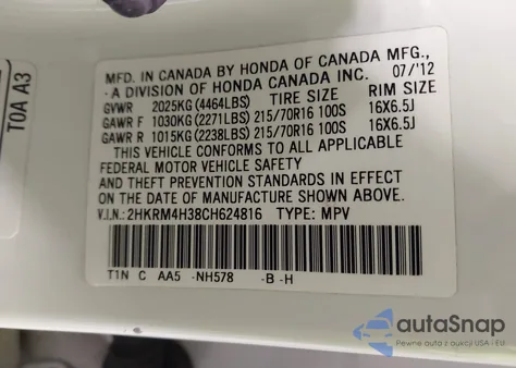 2012 Honda Cr-V Lx z USA, uszkodzony, nr VIN 2HKRM4H38CH624816